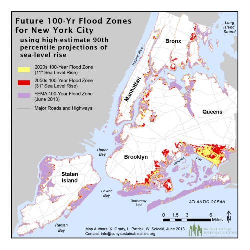 Areas that are expected to be in a 100-year flood zone in the 2020s and 2050s as sea levels rise from global warming, according to new projections by the NYPCC.