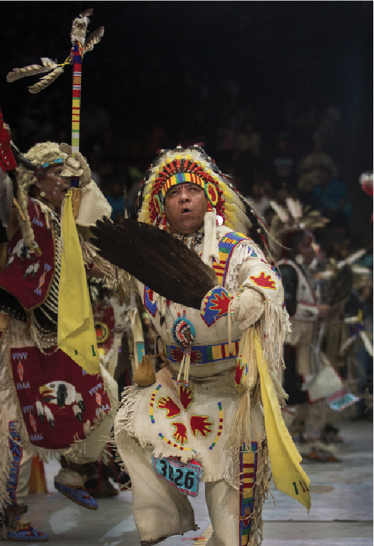 A dancer in one of the traditional categories. The Gathering of Nations is one the few events in the Southwest where a warbonnet can be observed in dance competition.