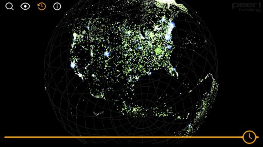 The Map of the Internet app's Global view shows the state of the internet, past, present a...