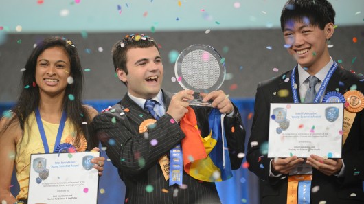 Gordon E. Moore Award winner Ionut Budisteanu (center), with Intel Foundation Young Scient...