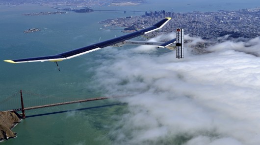 The Solar Impulse airplane, on an earlier test flight over San Francisco 
