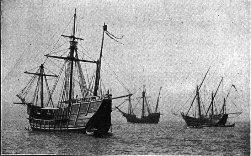 Replicas of the Nia, Pinta and Santa Maria in the North River, New York. They crossed from Spain to be present at the World's Fair at Chicago. (Andrews, E. Benjamin. History of the United States, volume V. Charles Scribners Sons, New York. 1912/Wikimedia)