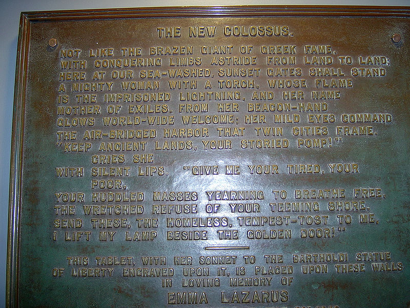 This plaque of "The New Colossus" poem by Emma Lazarus is in the museum inside the pedestal of the Statue of Liberty. (Wikimedia Commons)