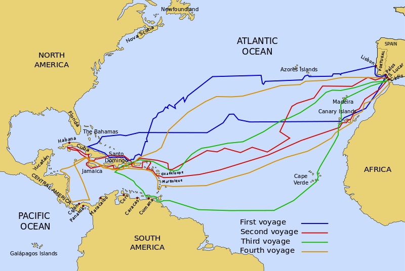 The four voyages of Columbus are shown here. (Wikimedia Commons)