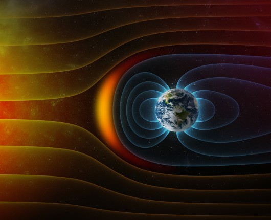 Artist's impression of the way the Earth's magnetic field defends the planet from solar wi...