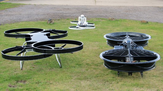 From left to right: the second prototype Hoverbike, the drone (in flight), and the origina...