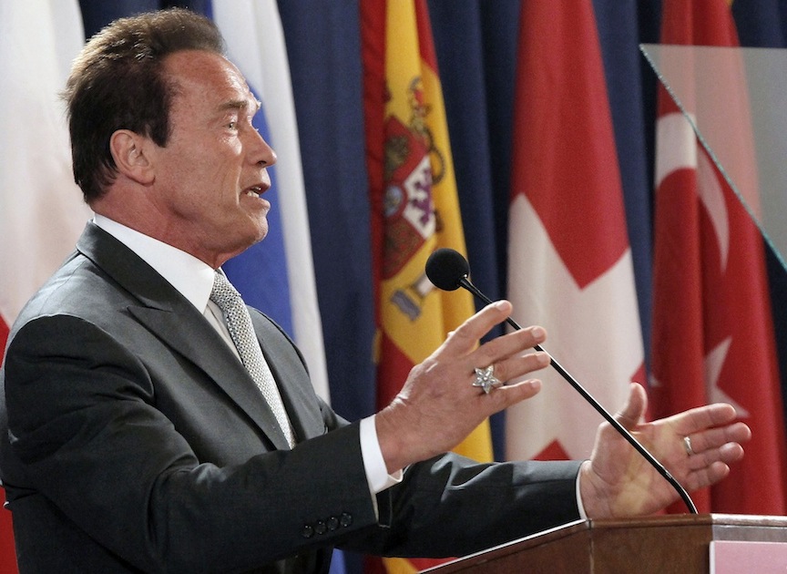 Former California Gov. Arnold Schwarzenegger speaks at a news conference on immigration reform at the University of Southern California in Los Angeles, on Tuesday, April 30, 2013. (AP Photo/Nick Ut)