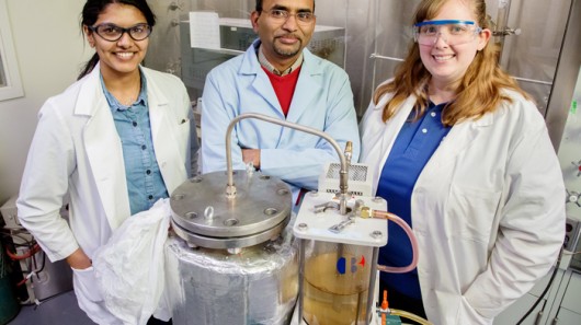 Brajendra Kumar Sharma, center, with research chemist Dheeptha Murali, left, and process c...