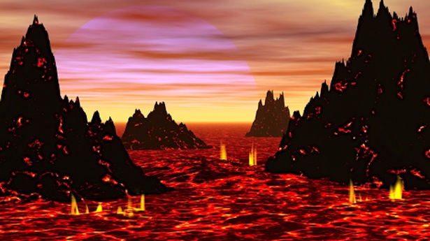 3D rendering of a sun rising over craggy peaks of a newly formed, volcanic landscape Shutterstock