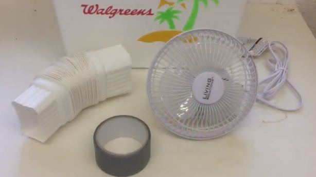Four parts for the $20 AC Unit Cooler, PVC, Fan and Duct Tape