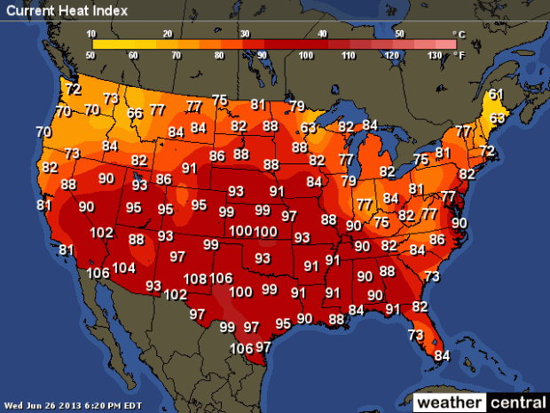 US Heat Index Map showing the heat wave