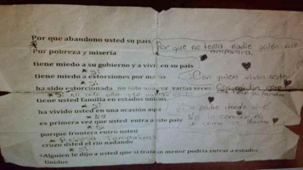 An illegal alien cheat sheet found on one of the illegal immigrants crossing the southern border into the United States. The sheets have been found on numerous illegal aliens. According to federal law enforcement officials the human trafficking organizations, who are making huge profits from the surge of illegal traffic from Central America, are supplying the cheat sheets to those who pay them to cross.  Photo/TheBlaze. 