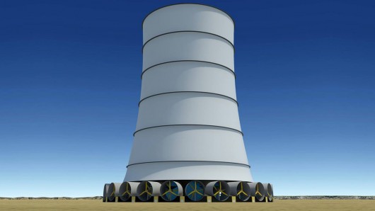 Solar Wind Energy's Downdraft Tower generates its own wind that is directed down the hollo...