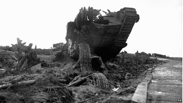 The wreckage of a British tank beside the infamous Menin Road near Ypres. Used as a supply route by the British Army, it came under intense German artillery fire