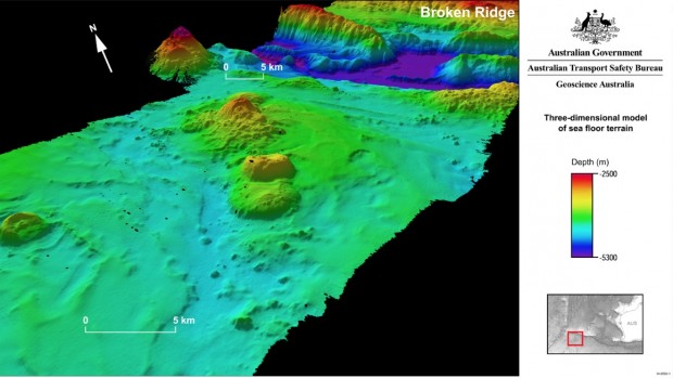 These three-dimensional models of the sea floor terrain have been developed from high resolution (90 metre grid) bathymetric data from the survey in the southern part of the Indian Ocean. (Image source: ATSB)
