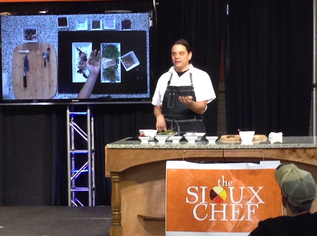 Sean Sherman, otherwise known as the Sioux Chef, demonstrates Native food preparation at the 2014 Minnesota State Fair. (Sean Sherman)