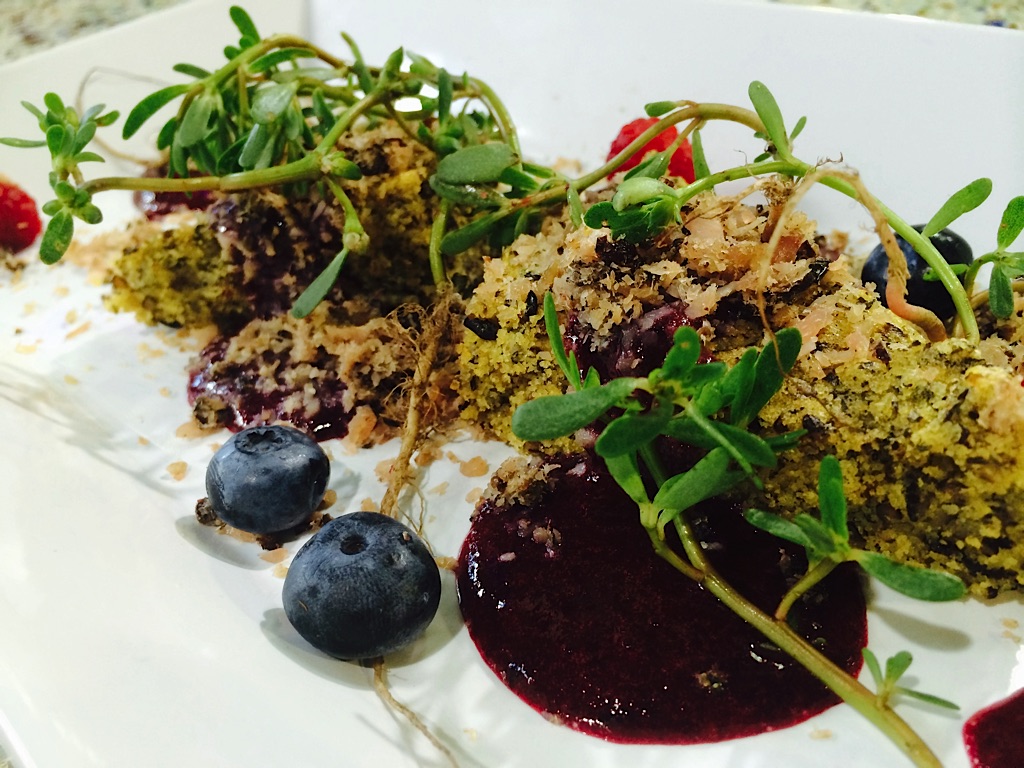 Shown on this plate is smoked turkey wasna, purslane, wild rice flat bread and mixed berry wojapi. (Sean Sherman)