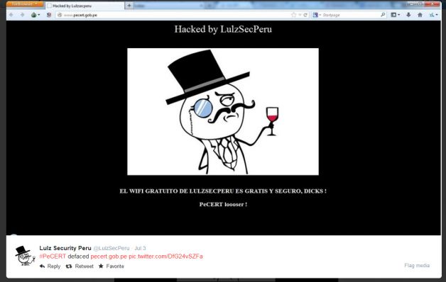 This screenshot shows a July 3, 2014 tweet by the hacking group LulzSecPeru after it claimed to have hacked Peru's governments CERT network emergency center. The Peruvian hackers have broken into military, police, and other sensitive government networks in Argentina, Colombia, Chile, Venezuela and Peru. Now they have stolen emails from the Peruvian Council of Ministers network that fueled accusations top Cabinet ministers acted more like industry lobbyists than public servants. Photo: AP / ap