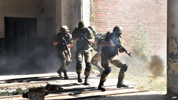 Ukrainian paratroopers of the 95 airmobile brigade take part in military drills in the Zhytomyr region, some 150 km from Kiev, on 11 September 2014.