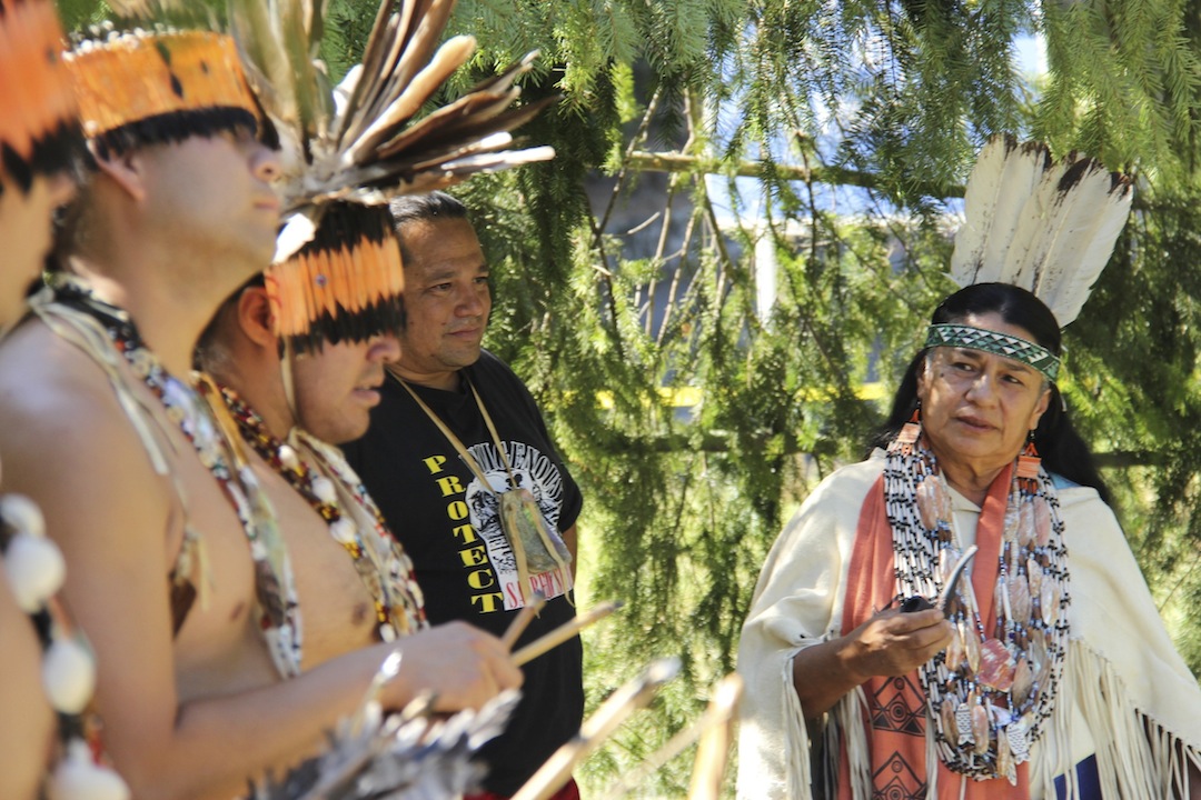 Winnemem Wintu Chief and Spiritual Leader Caleen Sisk speaks to the War Dancers during the tribes Hup Chonas (Dancing in the Old Way or War Dance). (Marc Dadigan)