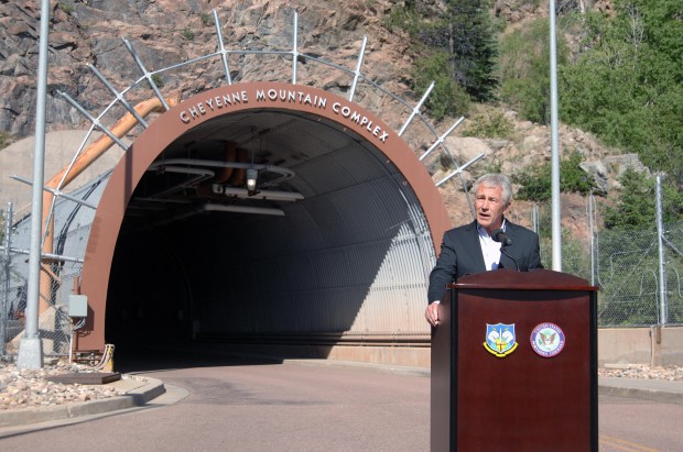 Former Defense Secretary Chuck Hagel speaking outside the Cheyenne Mountain Complex.(U.S. Air Force/Tech. Sgt. Thomas J. Doscher)