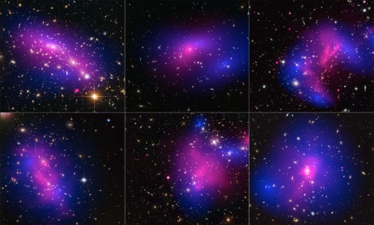 A collage of galaxy clusters with dark matter maps in blue and x-ray visible gases in pink...