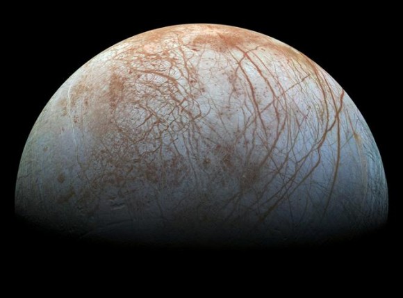 Europa, a 3130 km diameter moon of Jupiter. There is almost certainly a global ocean of salty water between the surface ice and the rocky interior. Image credit: NASA/JPL-Caltech/SETI Institute