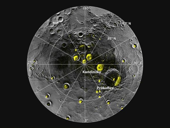 Mercury’s north polar region. The yellow areas are in permanent shadow. Image credit: ASA/Johns Hopkins University Applied Physics Laboratory/Carnegie Institution of Washington/National Astronomy and Ionosphere Center, Arecibo Observatory