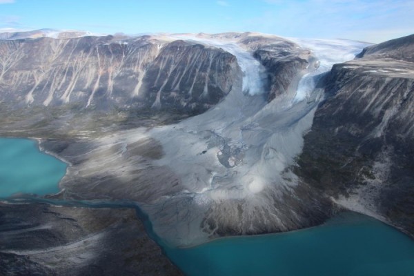 Glaciers usually advance during cold times and recede during warm ones. These two in western Greenland are now retreating from where they may have been when the Vikings arrived. Image credit: Jason Briner