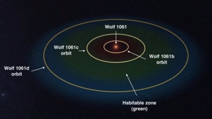 Wolf 1061 and its orbiting planets with the habitable region in green