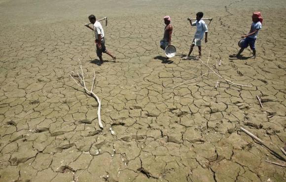World has not woken up to water crisis caused by climate change: IPCC head Photo: Labourers walk through a parched land of a dried lake on the outskirts of Agartala, capital of India's northeastern state of Tripura in this file photo taken on April 23, 2013.