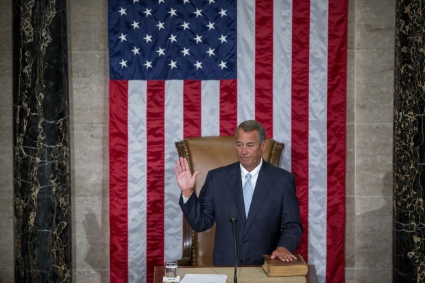 U.S. House Speaker John Boehner, a Republican from Ohio, is sworn in during the first session of the 114th Congress in the House Chamber at the U.S. Capitol in Washington, D.C., U.S., on Tuesday, Jan. 6, 2015. (Bloomberg/Bloomberg via Getty Images)