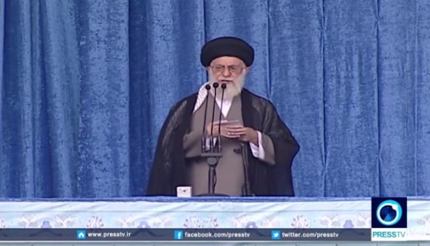 Iranian Supreme Leader Ayatollah Ali Khamenei held a gun during his Saturday speech during which he commented on the nuclear agreement. (Image source: YouTube/PressTV)