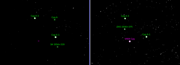 These images show the patch of the sky where the black-hole binary system V404 Cygni is located. Image credit: ESA/Integral/IBIS/ISDC