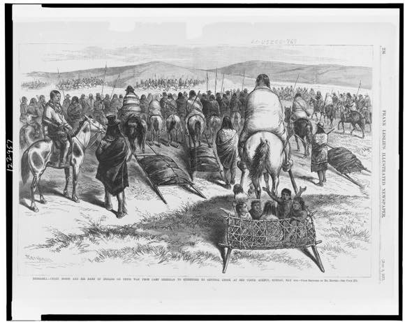 Black Elk was part of his cousin Crazy Horses contingent that escaped capture in the aftermath of The Great Sioux War 1876-1877, but formally surrendered after the difficult winter of 1877.  Pictured here is a drawing of Crazy Horse and his band of Indians on their way from Camp Sheridan to surrender to General Crook at Red Cloud Agency, Nebraska, Sunday, May 6, 1877. Via Library of Congress