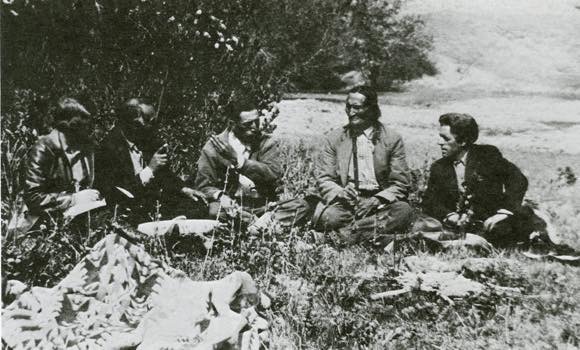 1930-31 Enid Neihardt, Nick Black Elk, his son Ben Black Elk, Standing Bear, and John G. Neihardt, during the interviews for Black Elk Speaks, published in 1932. John G. Neihardt Trust