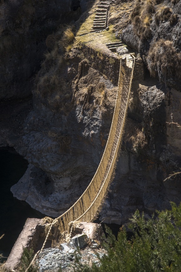 Q'eswachaka suspension bridge. Q'eswachaka, Apurimac River, Canas Province, Cusco, Peru. Photo by Doug McMains, 2014.