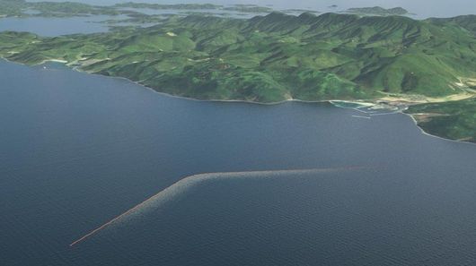 The 2,000 m (6,600 ft) Ocean Cleanup system will be deployed off the coast of Tsushima island in the Korea Strait