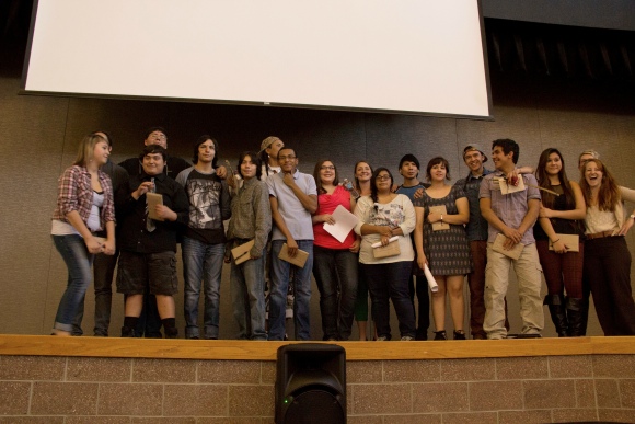 Blackfeet Students with rapper Frank Waln. Photo by Wesley Roach, Lakota