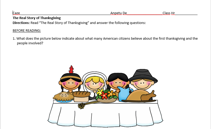 Worksheet clip "The Real Thanksgiving." This is a worksheet I created for my American Indian history class at Tiospa Zina Tribal School in South Dakota.