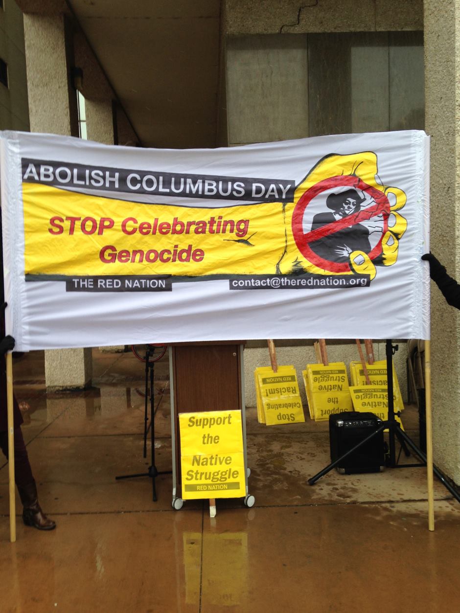 A banner created by The Red Nation, a group that worked to get the name of Columbus Day changed to Indigenous Peoples Day in Albuquerque, New Mexico. (Courtesy The Red Nation)