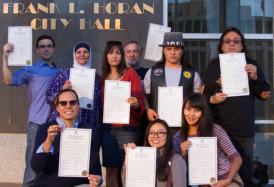 The Red Nation coalition holds signed copies of Albuquerques Indigenous Peoples Day proclamation. (Courtesy Melissa Tso)