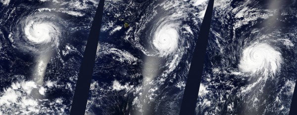 NASA's Terra satellite saw Hurricanes Kilo, Ignacio, and Jimena, all Category Four Hurricanes, lined up across the Central and Eastern Pacific Ocean on August 29 at 22:25 UTC (6:25 p.m. EDT).