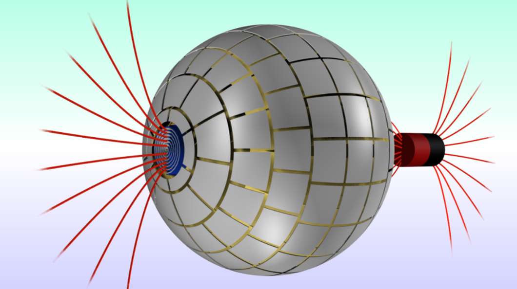 Magnetic field lines (in red) leaving a magnet on the right pass through the wormhole, which in terms of magnetism is undetectable