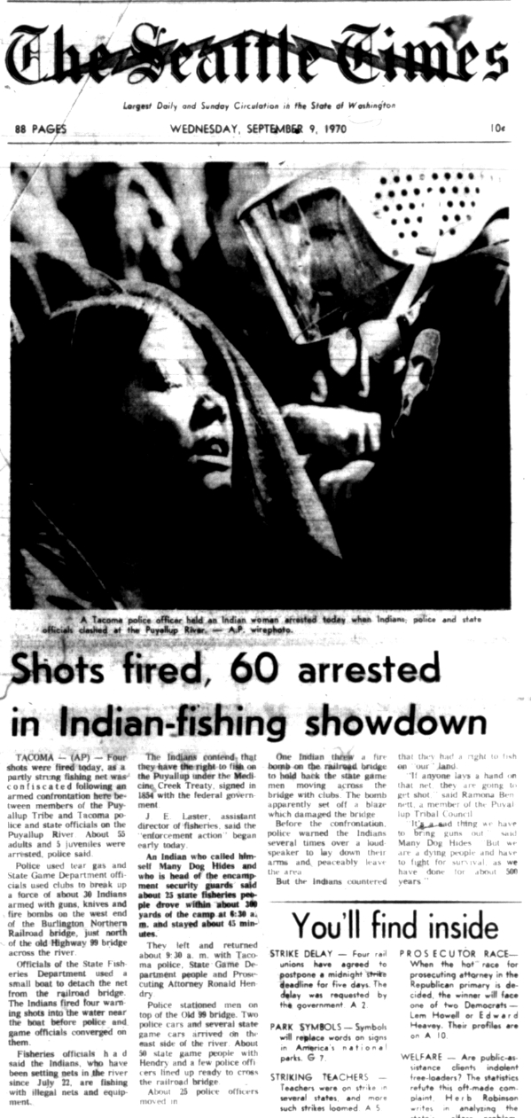 Seattle Times news story dated September 9, 1970 detailing the confrontation between members of the Puyallup tribe and Tacoma Police.