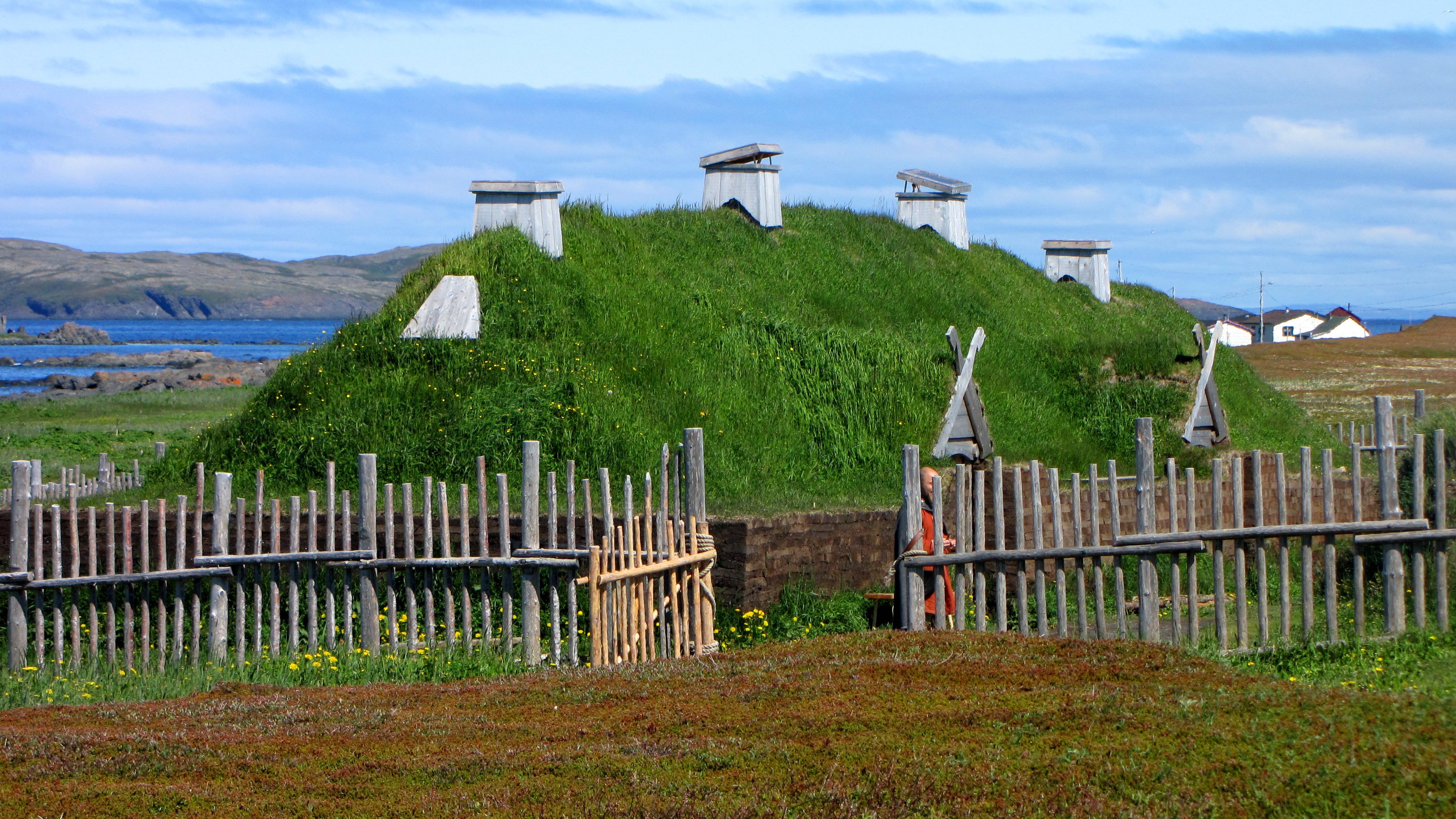 Norse long house recreation, LAnse aux Meadows, Newfoundland and Labrador, Canada. (Courtesy Wikipedia/D. Gorgon E. Robertson)