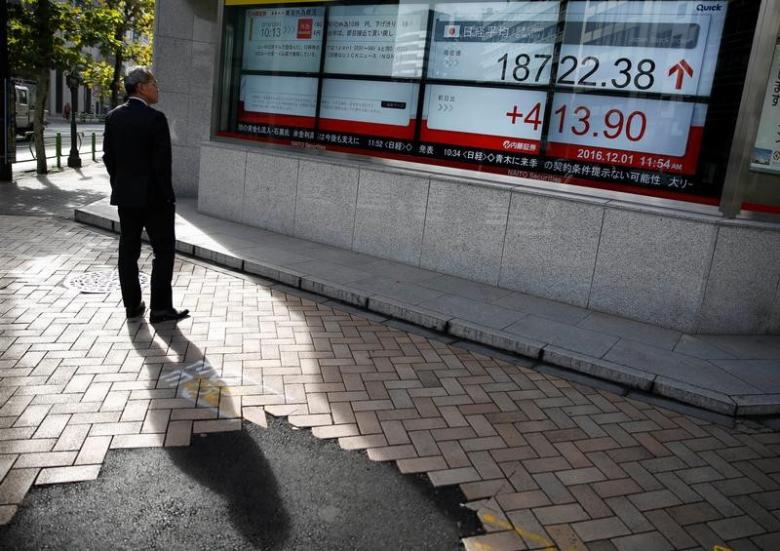 A man looks at an electronic board showing Japan's Nikkei average outside a brokerage in Tokyo, Japan, December 1, 2016. REUTERS/Kim Kyung-Hoon