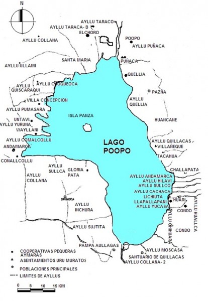 Comunidades y cooperativas pesqueras en el Lago Poop�. Fuente: Miranda-Moricio.