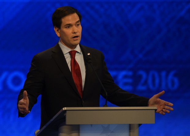 Republican presidential candidate Marco Rubio speaks during the Republican Presidential Candidates Debate February 6, 2016 at St. Anselm's College Institute of Politics in Manchester, New Hampshire. Seven Republicans campaigning to be US president are in a fight for survival in their last debate Saturday before the New Hampshire primary, battling to win over a significant number of undecided voters. (Photo: JEWEL SAMAD/AFP/Getty Images) 