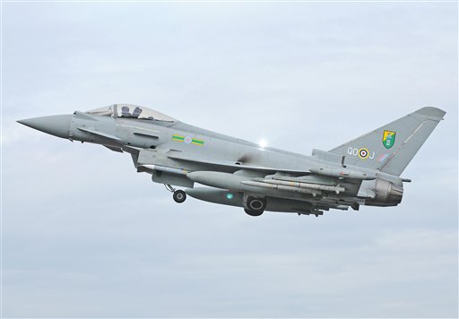 Undated photo issued by the British Ministry of Defence of an RAF Typhoon Aircraft of the type that has escorted a passenger plane into Stansted Airport in southern England following an incident on board Friday May 24, 2013. British media reported the flight was a Pakistan International Airlines passenger plane flying to Manchester, England. (AP Photo/ MOD via PA)